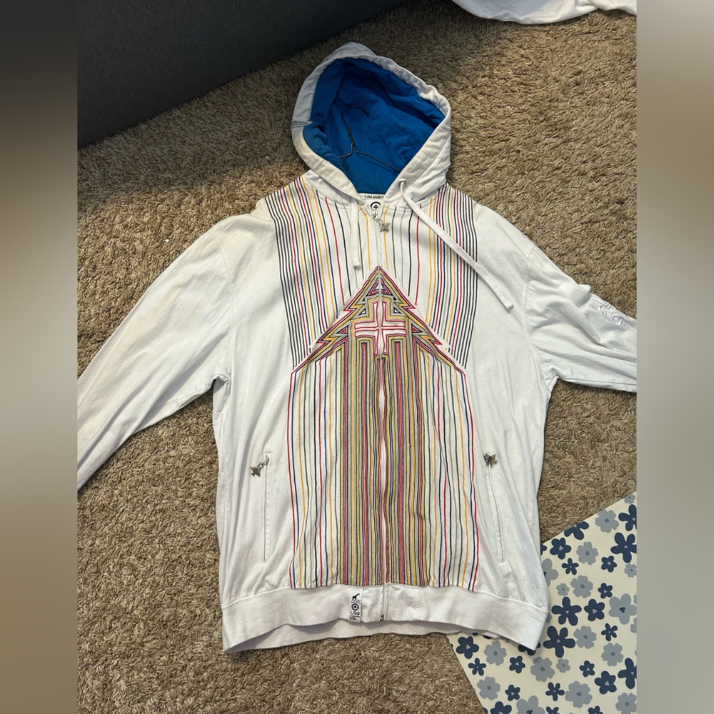 Lrg White Hoodie with Multicolor Striped Front and Blue Lined Hood